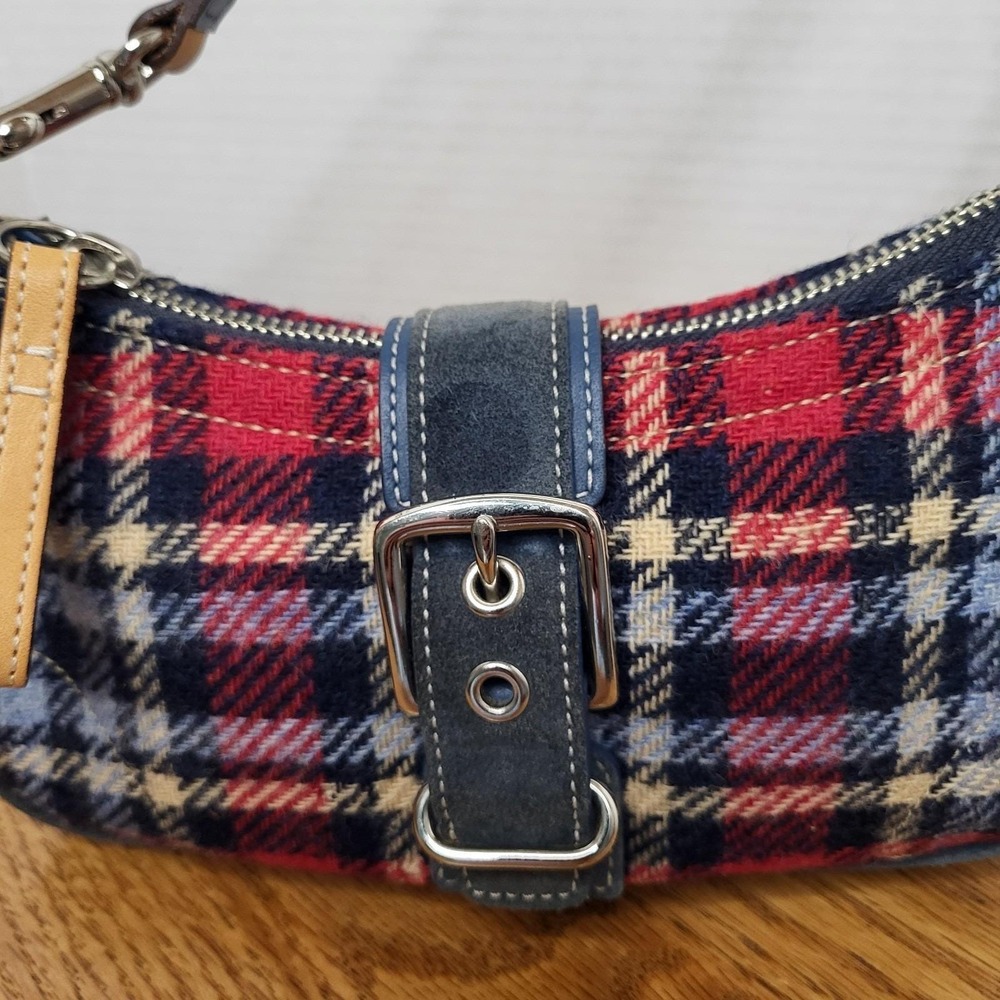 Coach Red and Navy Plaid Wool Satchel with Leather Trim - Picture 3 of 16